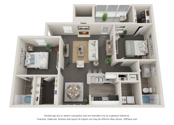 Floor plan for 2 beds, 2 baths, 964 sqft